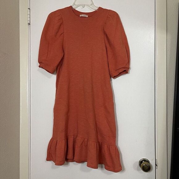 NWOT Ulla Johnson Landry Orange Puff Sleeve Ruffle Hem Sweatshirt Dress Small - Picture 2 of 7